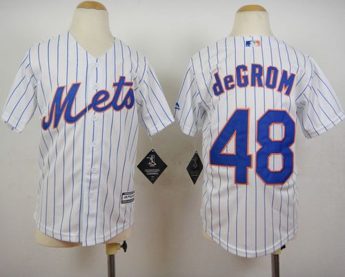 Mets #48 Jacob DeGrom White(Blue Strip) Home Cool Base Stitched Youth MLB Jersey - Click Image to Close
